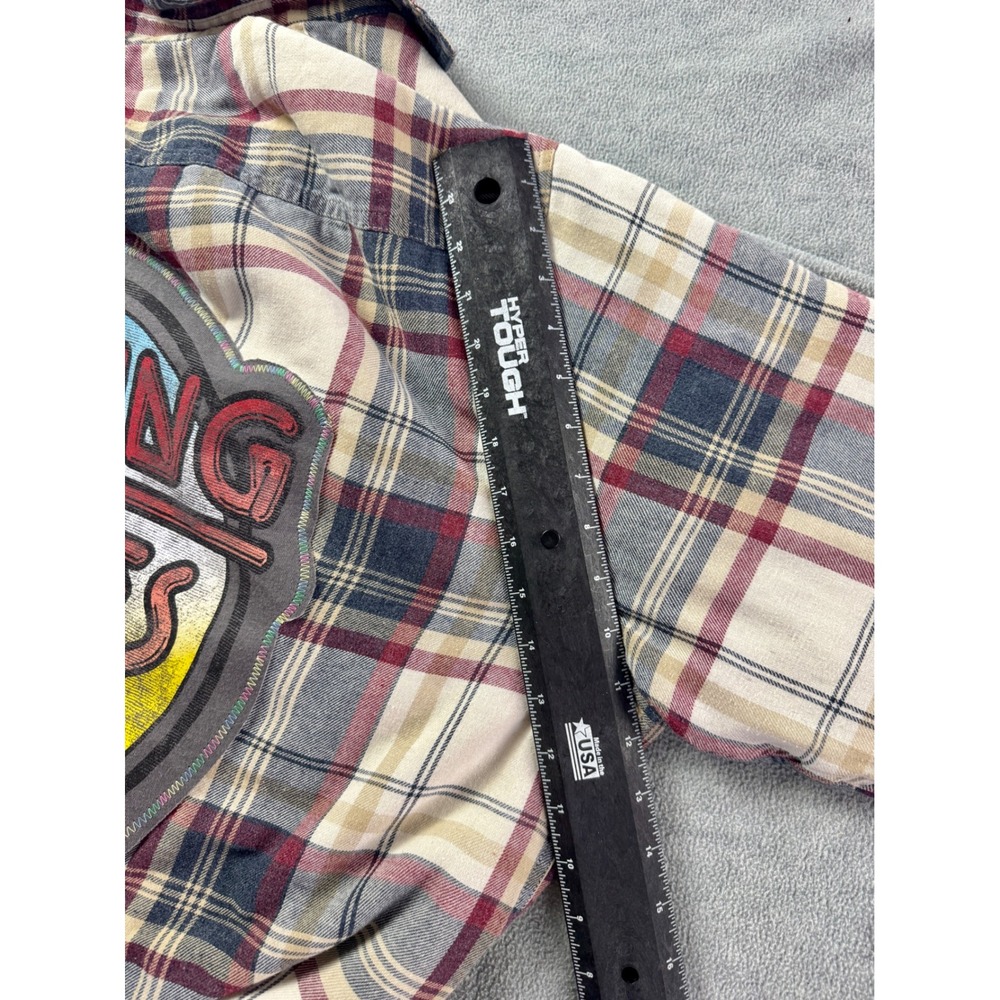 Upcycle Rolling Stones Sherpa Lined Flannel Shirt Jacket Plaid Men XL Cream Red - Picture 9 of 9